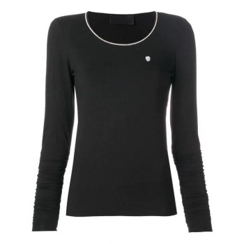 Philipp Plein Long Sleeve T-shirt With Metallic Detailed Neck Women 02 Black Clothing Knitted Tops