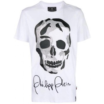 Philipp Plein Skull Printed Signature Logo T-shirt Men 01 White Clothing T-shirts