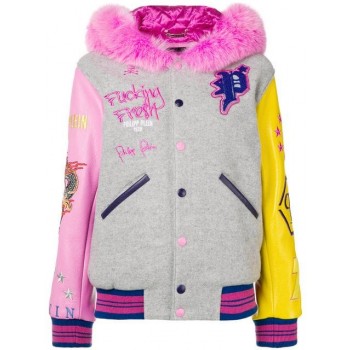 Philipp Plein Embroidered Varsity Jacket Women 1033 Grey/fuxia Clothing Bomber Jackets Cheapest Price