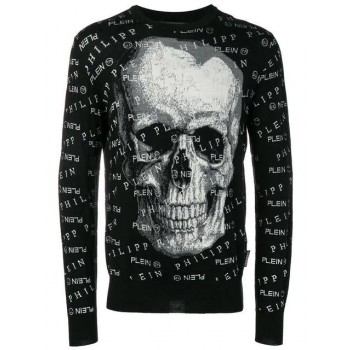 Philipp Plein Multi Logo Skull Intarsia Jumper Men 0201 Black / White Clothing Sweatshirts