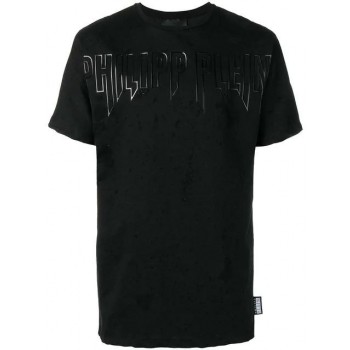 Philipp Plein Distressed Logo T-shirt Men 0201 Black / White Clothing T-shirts Retailer