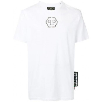 Philipp Plein Logo Patch T-shirt Men 0102 White / Black Clothing T-shirts Discountable Price