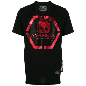 Philipp Plein Skull Logo Printed T-shirt Men 0213 Black / Red Clothing T-shirts Discount Save Up To