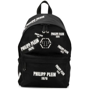 Philipp Plein Logo Print Backpack Men 0201 Black / White Outlet Authentic Quality