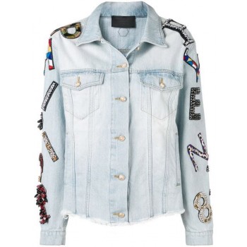 Philipp Plein Lettering Patchwork Denim Jacket Women 07 Light Blue Clothing Jackets