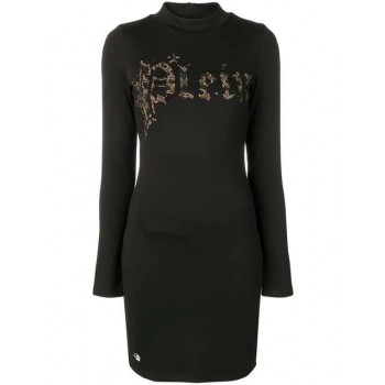 Philipp Plein Leopard Logo Print Dress Women 02 Black Clothing Day Dresses Discount Sale