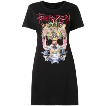 Philipp Plein Short Sleeved T-shirt Dress Women 02 Black Clothing Day Dresses Reasonable Sale Price