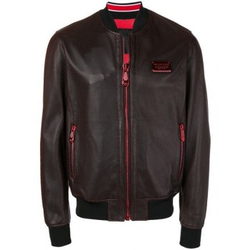 Philipp Plein Zipped Leather Bomber Jacket Men 0213 Black/ Red Clothing Jackets Newest Collection