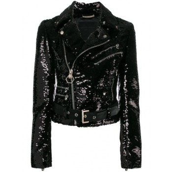 Philipp Plein Sequin Biker Jacket Women Black Clothing Jackets 100% Top Quality