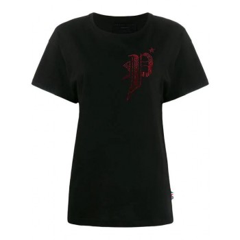 Philipp Plein Sequin Logo T-shirt Women 0213 Black/ Red Clothing T-shirts & Jerseys Competitive Price