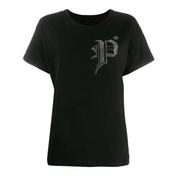 Philipp Plein Sequin Logo T-shirt Women 0201 Black & White Clothing T-shirts Jerseys Discount