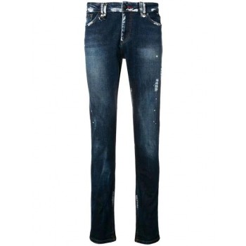 Philipp Plein Paint Splat Slim Fit Jeans Men 085a Blu Denim Clothing Skinny Clearance