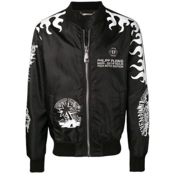 Philipp Plein Logo Patchwork Bomber Jacket Men 0201 Black / White Clothing Jackets Outlet