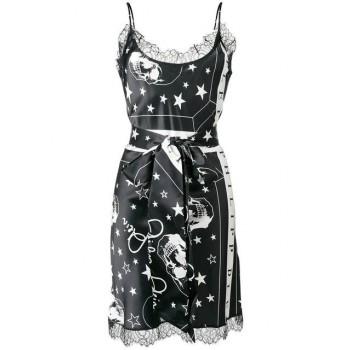 Philipp Plein Skull Print Belted Slip Dress Women 02 Black Clothing Cocktail & Party Dresses Lowest Price Online