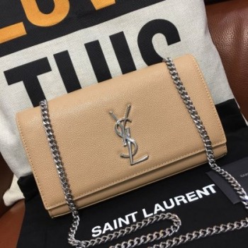 YSL Caviar Leather 24cm Chain Bag Apricot Silver