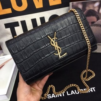 YSL Croco Classic 24cm Chain Bag Black Gold