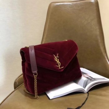 YSL Velvet Loulou Chain Shoulder Bag 25cm Dark Red