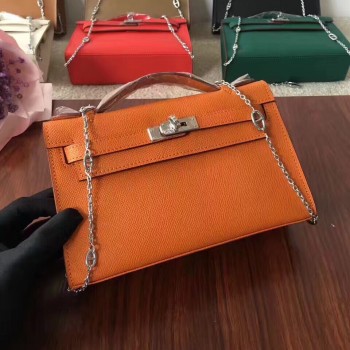 Hermes Mini Kelly 22cm Epsom Leather Orange Silver With Chain Strap