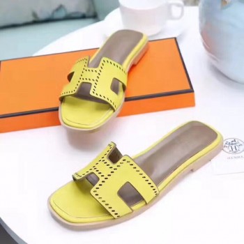 Hermes Women Flats Hollow H Leather Slippers Yellow Size 35-41