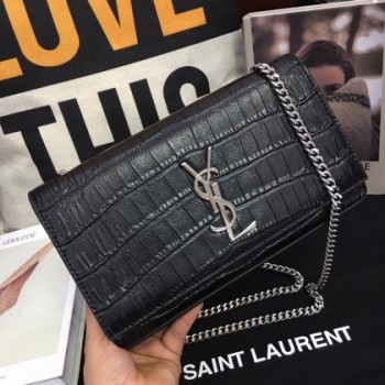 YSL Croco Classic 24cm Chain Bag Black Silver