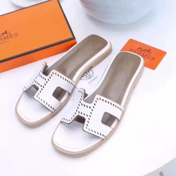 Hermes Women Flats Hollow H Leather Slippers White Size 35-41