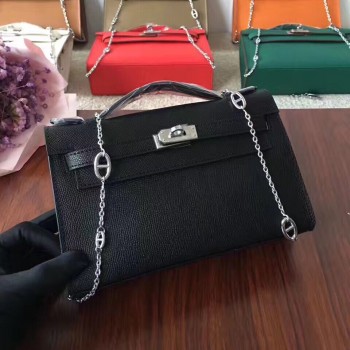 Hermes Mini Kelly 22cm Epsom Leather Black Silver With Chain Strap