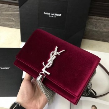 YSL Velvet Chain Bag 19cm Burgundy