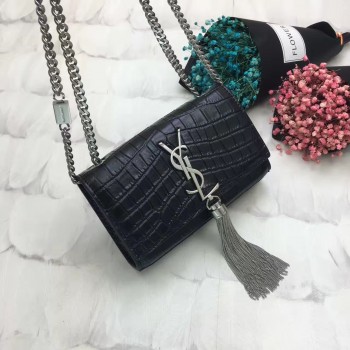 YSL Tassel Chain Bag 17cm Croco Black Silver