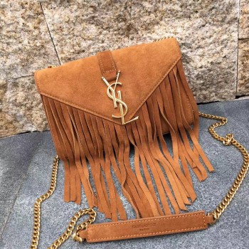 YSL Suede Leather Tassel 22cm Bag Camel