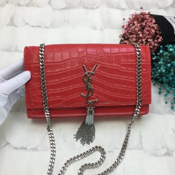 YSL Tassel Chain Bag 24cm Croco Red Silver