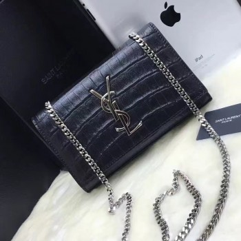 YSL Monogram Chain Bag 22cm Croco Black Silver