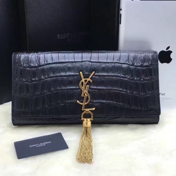 YSL Tassel Clutch 27cm Croco Leather Black Gold