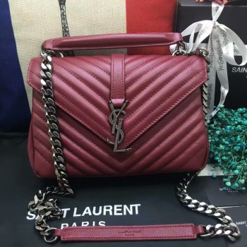 YSL Top Handle Shoulder Bag 24cm Dark Red Silver