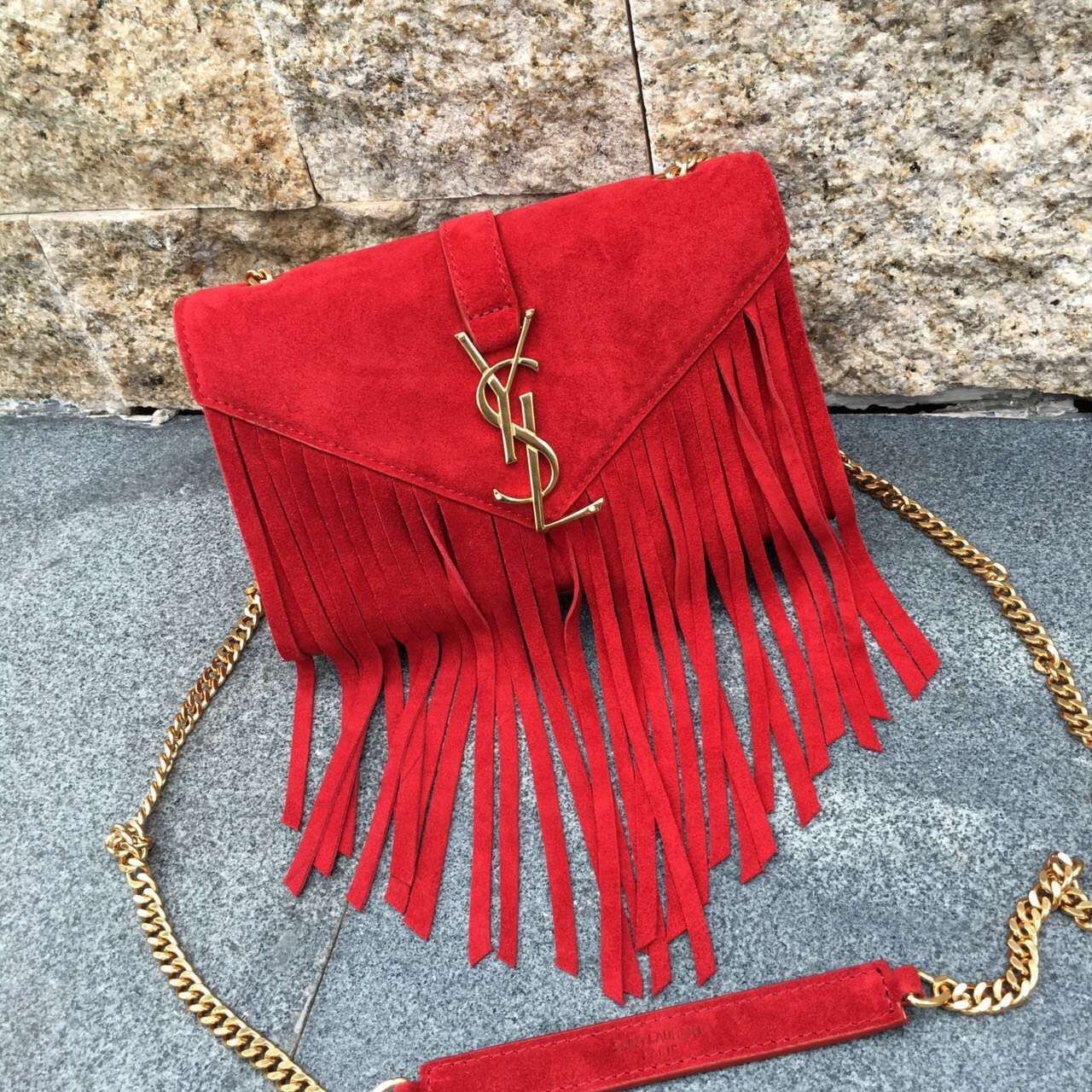 Replica YSL Suede Leather Tassel 22cm Bag Red Saint Laurent Bags Cheap ...