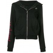 Philipp Plein Embellished Skull Zip Front Hoodie Women 02 Black Clothing Hoodies