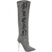 Philipp Plein Crystal Studded Logo Boots Women 01 White Shoes 100% Top Quality