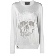 Philipp Plein Metallic Skull Jumper Women 70 Silver Clothing Jumpers Clearance Prices