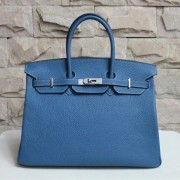 Hermes Birkin 35cm cattle skin vein Handbags blue silver