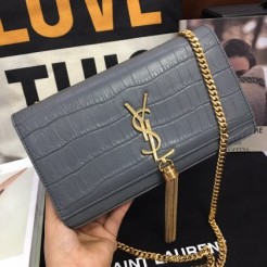 YSL Croco Tassel 24cm Chain Bag Grey Gold