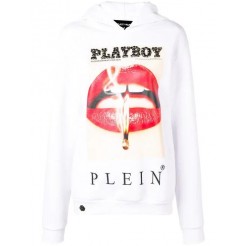 Philipp Plein X Playboy Crystal Logo Printed Hoodie Women 01 White Clothing Hoodies