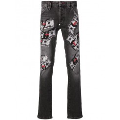 Philipp Plein Embroidered Money Pattern Jeans Men 10lc Losing Control Clothing Slim-fit