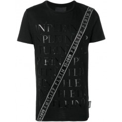 Philipp Plein Crystal Logo Embellished T-shirt Men 0201 Black / White Clothing T-shirts