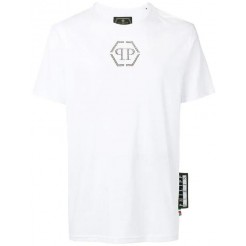 Philipp Plein Logo Patch T-shirt Men 0102 White / Black Clothing T-shirts Discountable Price