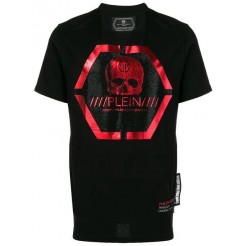 Philipp Plein Skull Logo Printed T-shirt Men 0213 Black / Red Clothing T-shirts Discount Save Up To