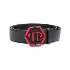 Philipp Plein Logo Buckle Belt Men 0213 Black / Red Accessories Belts Huge Discount