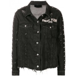 Philipp Plein Distressed Denim Jacket Women 02 Black Clothing Jackets Most Fashionable Outlet