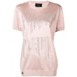 Philipp Plein Crystal Logo Knitted Top Women 62 Nude Pink Clothing Tops Discount Sale