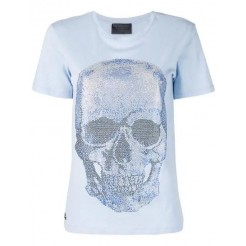 Philipp Plein Rhinestone Skull T-shirt Women 07 Light Blue Clothing T-shirts & Jerseys Top Brands