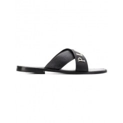 Philipp Plein Logo Slides Men 02 Black Shoes Flip Flops Low Price