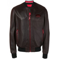 Philipp Plein Zipped Leather Bomber Jacket Men 0213 Black/ Red Clothing Jackets Newest Collection